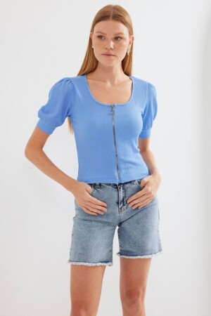 4316 Fermuarlı Örme Bluz - Mavi - 3