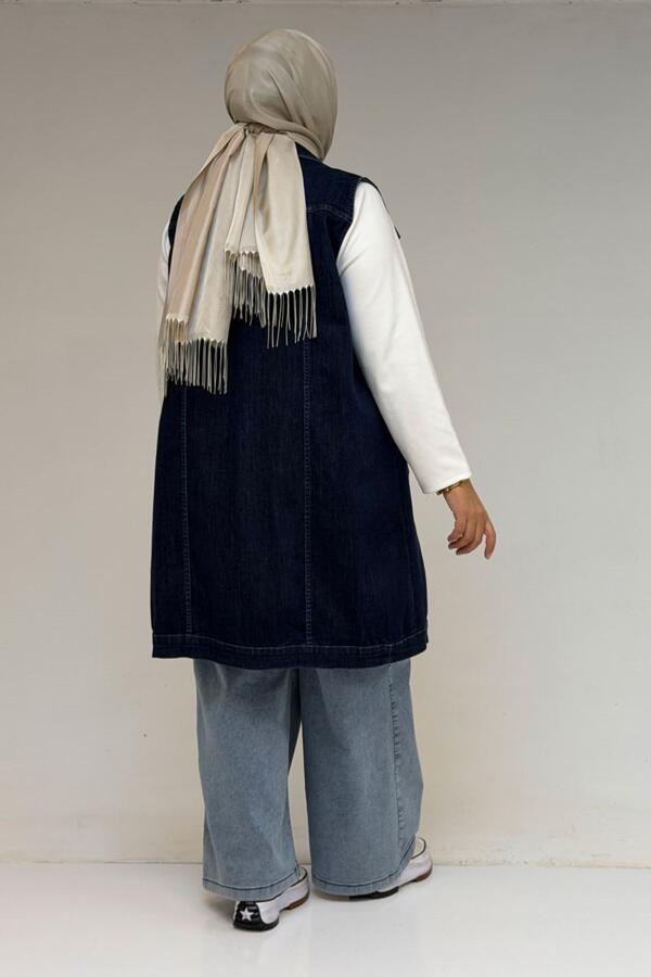 44002-1 Büyük Beden Çift Cepli Sprey Taşlama Detaylı Kot Yelek - Lacivert - 3