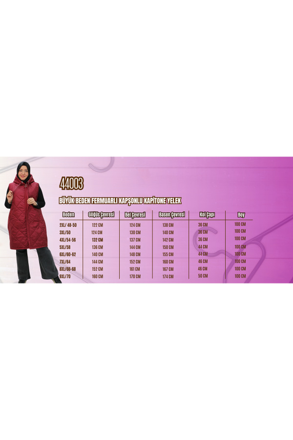 44003 Büyük Beden Fermuarlı Kapşonlu Kapitone Yelek - Bordo - 2