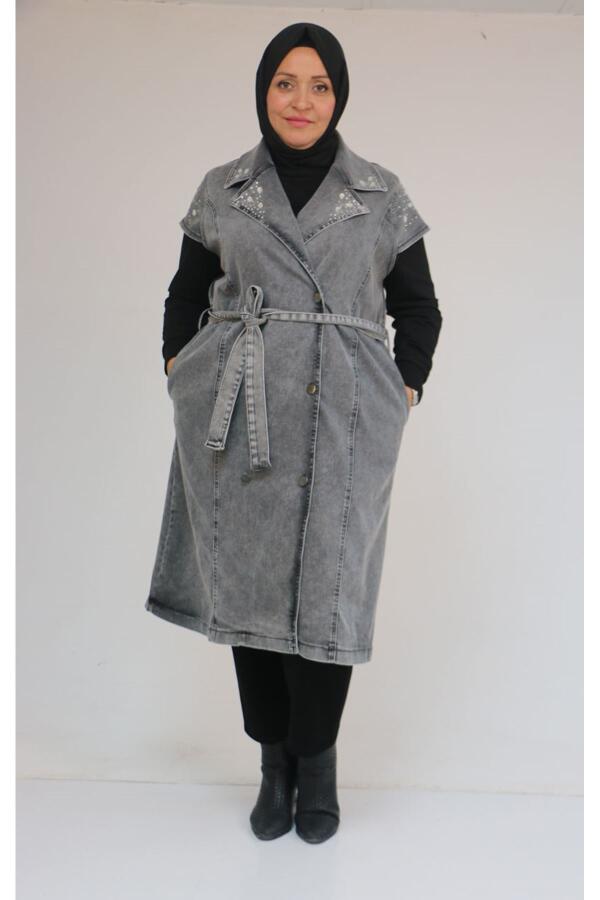 44010 Büyük Beden Yaka Ve Omzu Taş Detaylı Kot Yelek - Siyah - 1