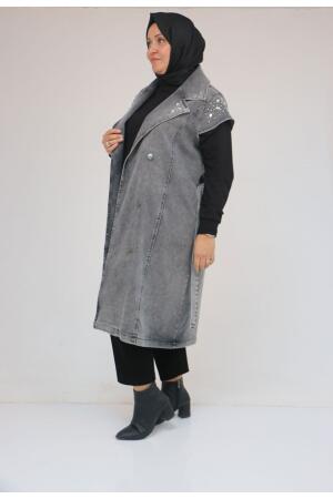 44010 Büyük Beden Yaka Ve Omzu Taş Detaylı Kot Yelek - Siyah - 2