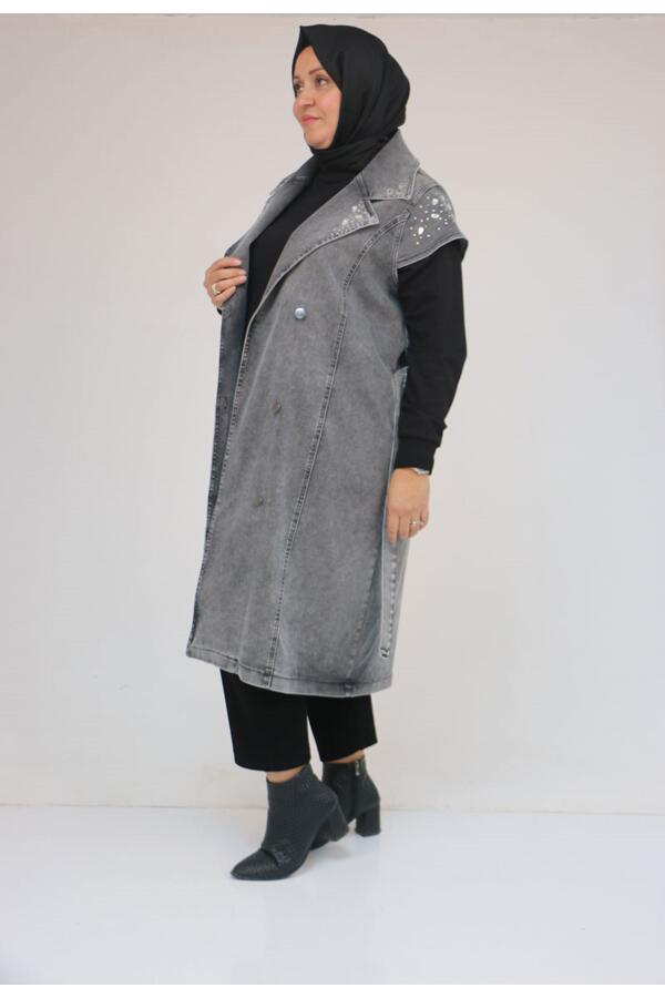 44010 Büyük Beden Yaka Ve Omzu Taş Detaylı Kot Yelek - Siyah - 2