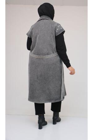 44010 Büyük Beden Yaka Ve Omzu Taş Detaylı Kot Yelek - Siyah - 3