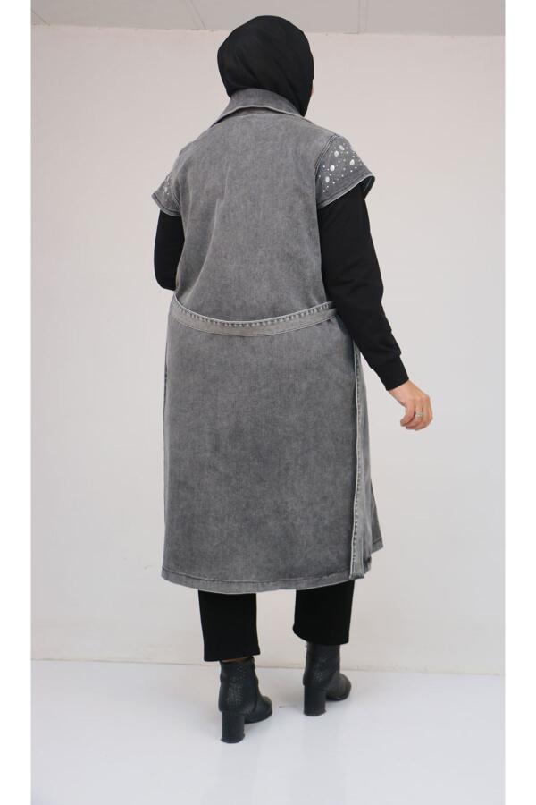 44010 Büyük Beden Yaka Ve Omzu Taş Detaylı Kot Yelek - Siyah - 3