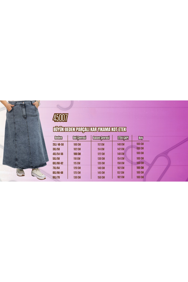 45007 Büyük Beden Parçalı Kar Yıkama Kot Etek - Mavi - 2