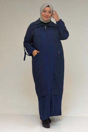 46018 Büyük Beden Fermuar Cepli Modal-Kapitone Kaban - İndigo-İndigo - 