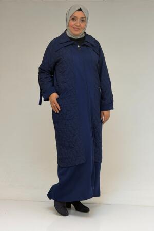 46018 Büyük Beden Fermuar Cepli Modal-Kapitone Kaban - İndigo-İndigo - (1)