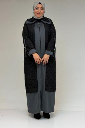 46018 Büyük Beden Fermuar Cepli Modal-Kapitone Kaban - Siyah-Antrasit - (1)