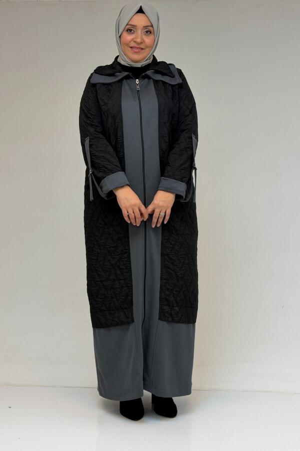 46018 Büyük Beden Fermuar Cepli Modal-Kapitone Kaban - Siyah-Antrasit - 2