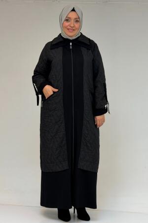 46018 Büyük Beden Fermuar Cepli Modal-Kapitone Kaban - Siyah-Siyah - 