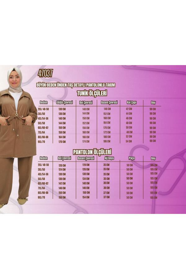 47037 Büyük Beden Keten Airobin Belden Büzgülü Ceket Pantolonlu Takım - Siyah - 2
