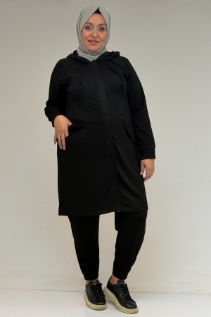 47068 Büyük Beden Çıtçıt Detaylı Modal Tunik - Siyah - 