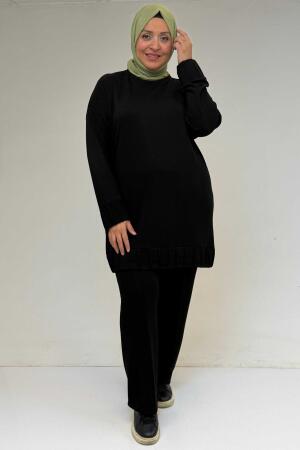 47069 Büyük Beden Çıma Detaylı Modal Pantolonlu Takım - Siyah - 1