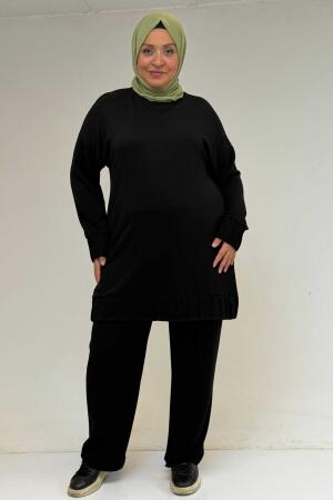 47069 Büyük Beden Çıma Detaylı Modal Pantolonlu Takım - Siyah - 3