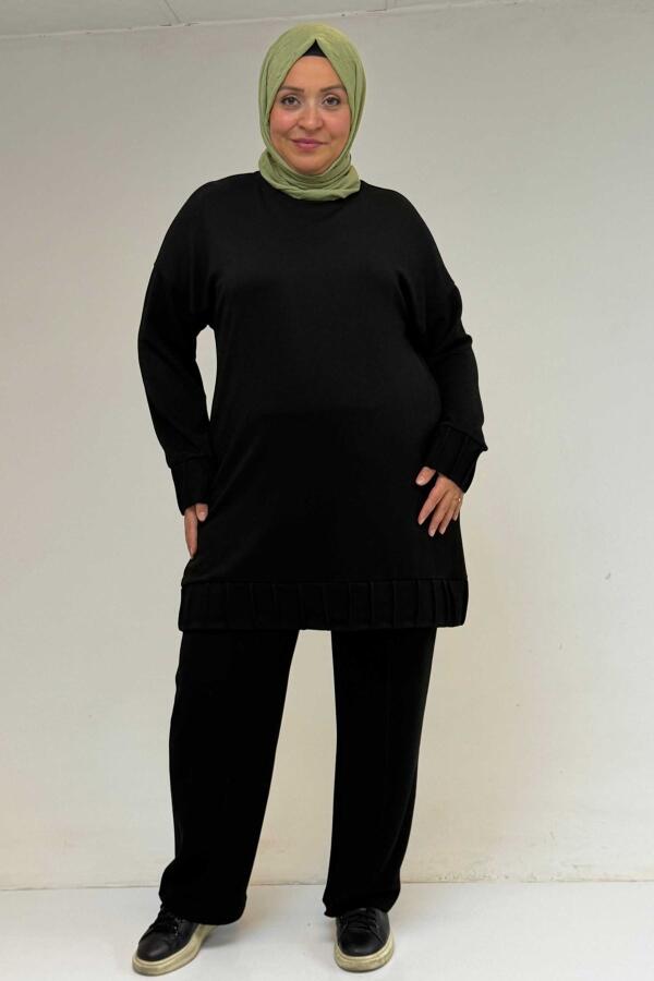 47069 Büyük Beden Çıma Detaylı Modal Pantolonlu Takım - Siyah - 3