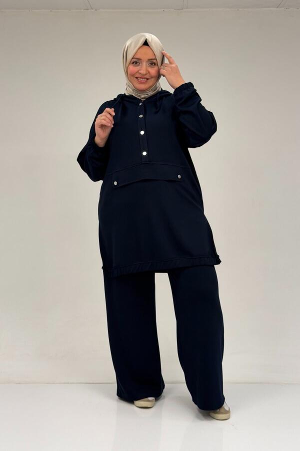 47089 Büyük Beden Yarım Patlı Kapşonlu Pantolonlu Modal Takım - Lacivert - 1