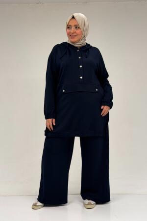 47089 Büyük Beden Yarım Patlı Kapşonlu Pantolonlu Modal Takım - Lacivert - (1)