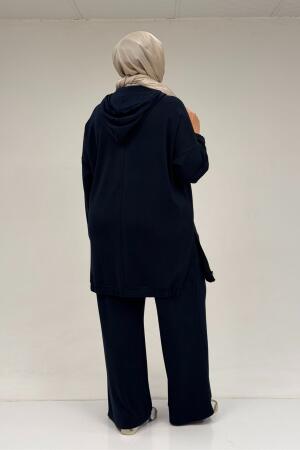 47089 Büyük Beden Yarım Patlı Kapşonlu Pantolonlu Modal Takım - Lacivert - 3