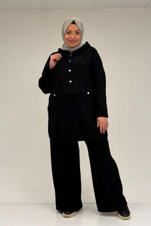 47089 Büyük Beden Yarım Patlı Kapşonlu Pantolonlu Modal Takım - Siyah - 