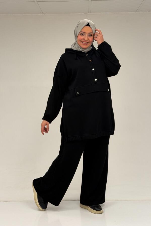 47089 Büyük Beden Yarım Patlı Kapşonlu Pantolonlu Modal Takım - Siyah - 2