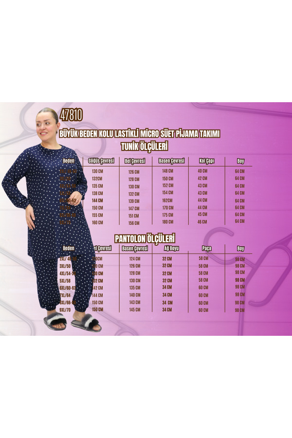 47810 Büyük Beden Kolu Lastikli Micro Süet Pijama Takımı - Kırmızı - 2