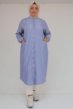 48072-1 Büyük Beden Kolları Lastikli Tunik - Lacivert Çizgili - 1