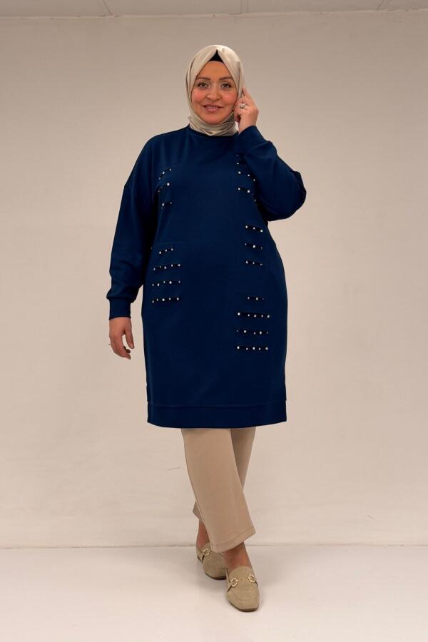48089 Büyük Beden Beyoğlu Taşlı Modal Tunik - İndigo - 1