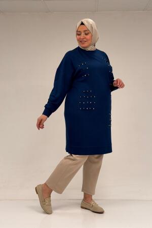48089 Büyük Beden Beyoğlu Taşlı Modal Tunik - İndigo - (1)