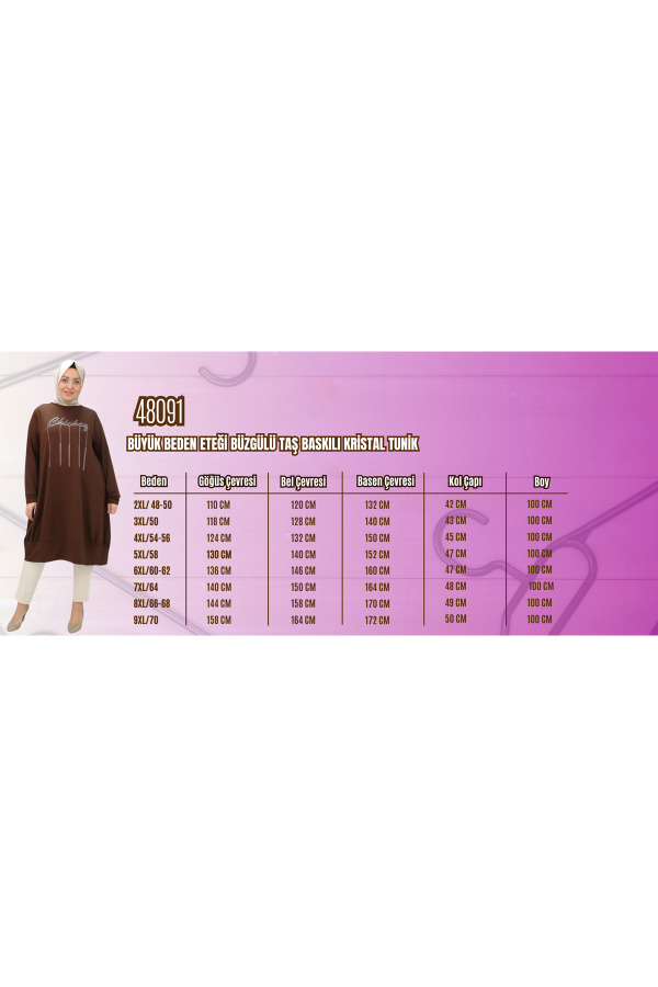 48091 Büyük Beden Eteği Büzgülü Taş Baskılı Kristal Tunik - İndigo - 2