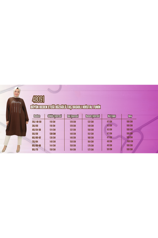 48091 Büyük Beden Eteği Büzgülü Taş Baskılı Kristal Tunik - Siyah - 2