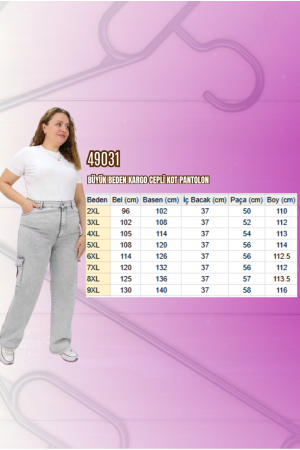 49031 Büyük Beden Kargo Cepli Kot Pantolon - Kar Yıkama Gri - 3