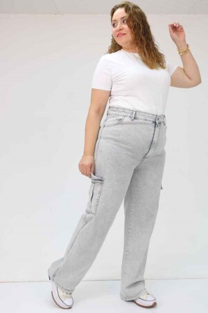 49031 Büyük Beden Kargo Cepli Kot Pantolon - Kar Yıkama Gri - 4