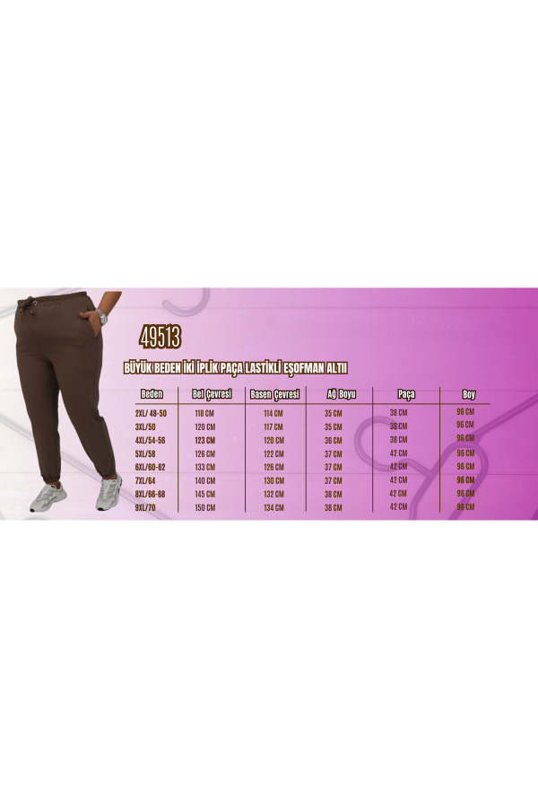 49513 Büyük Beden İki İplik Paça Lastikli Eşofman Altı - Saks - 2
