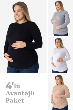 4'lü Paket Renkli Uzun Kollu Hamile Tişört Pamuklu Likralı Yumuşak ve Esnek Kumaş - Arma Yıldız