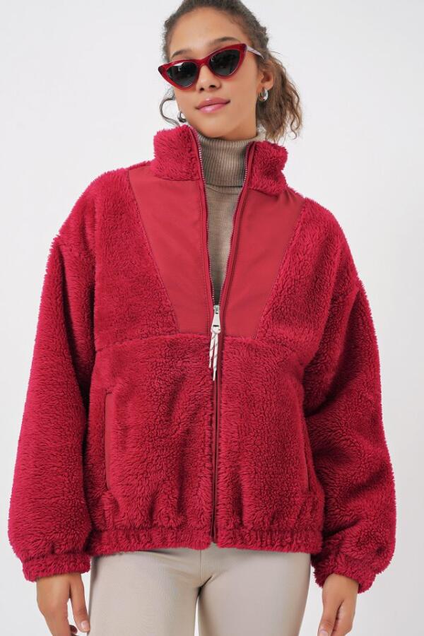 5194 Peluş Mont Ceket - A.Bordo - 4