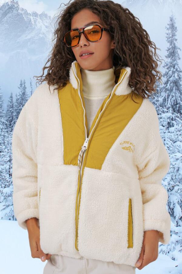 5194 Peluş Mont Ceket - Hardal - 4