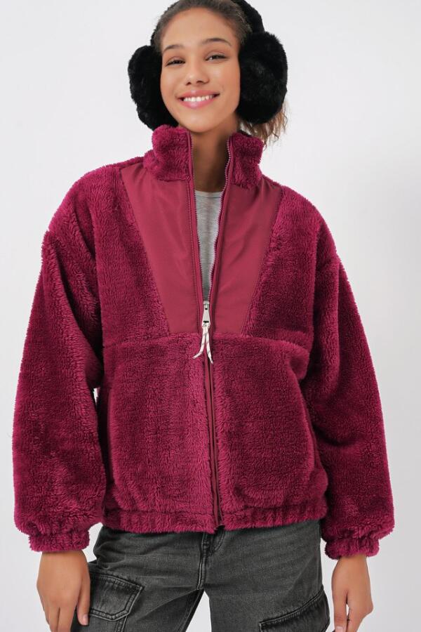 5194 Peluş Mont Ceket - Mürdüm - 1