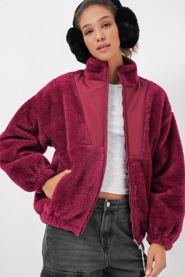 5194 Peluş Mont Ceket - Mürdüm - 3