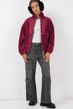 5194 Peluş Mont Ceket - Mürdüm - 4