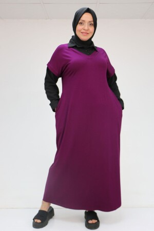 52009 Büyük Beden Kol Ve Yaka Garnili Penye Elbise - Mürdüm-Siyah - 1