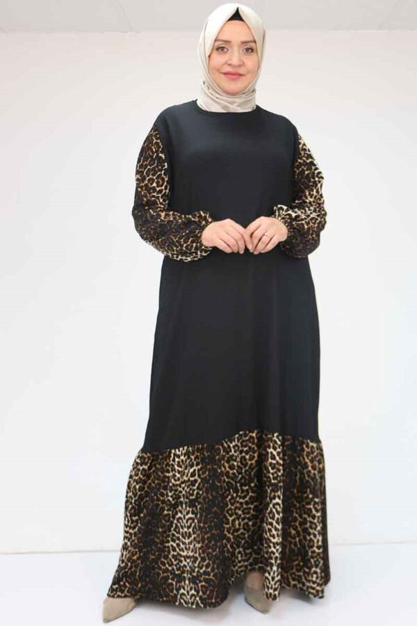 52010 Büyük Beden Desenli Bürümcük Altı Fırfırlı Elbise - Siyah-Leopar - 1