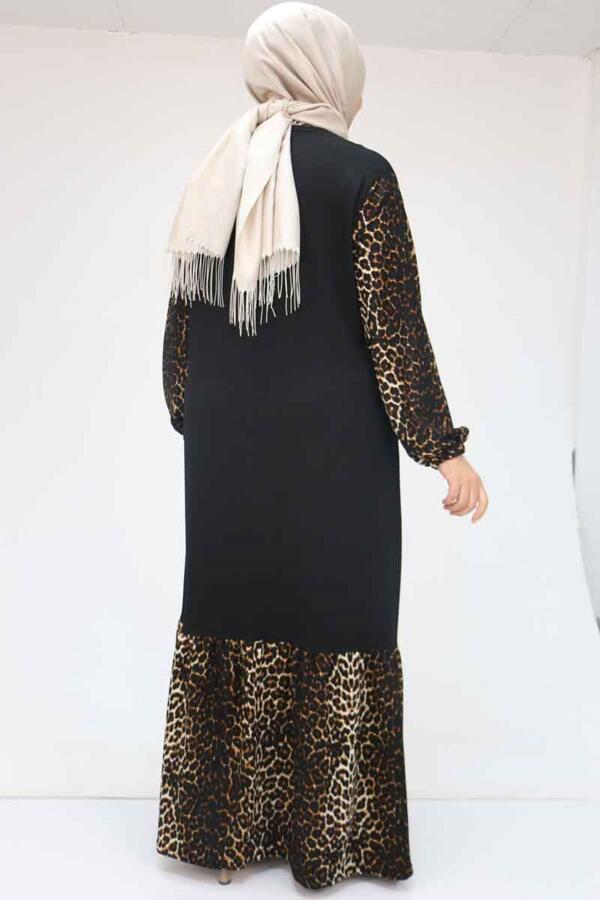 52010 Büyük Beden Desenli Bürümcük Altı Fırfırlı Elbise - Siyah-Leopar - 3