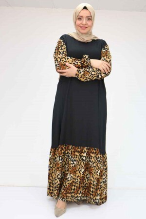 52010 Büyük Beden Desenli Bürümcük Altı Fırfırlı Elbise - Vizon-Leopar - 1