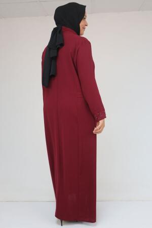 52013 Büyük Beden Taş Detaylı Krep Elbise - Bordo - 3