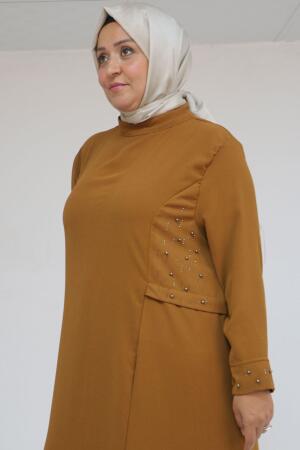 52013 Büyük Beden Taş Detaylı Krep Elbise - Hardal - 2