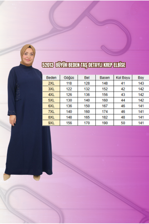 52013 Büyük Beden Taş Detaylı Krep Elbise - Siyah - 2