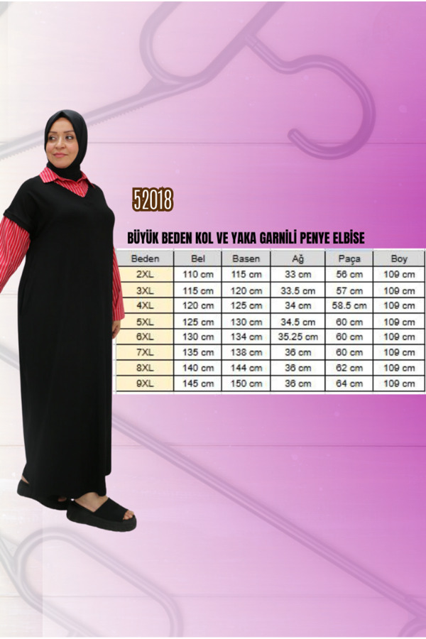 52018 Büyük Beden Yaka Ve Kolları Kombinli Penye Elbise - Siyah-Siyah - 2