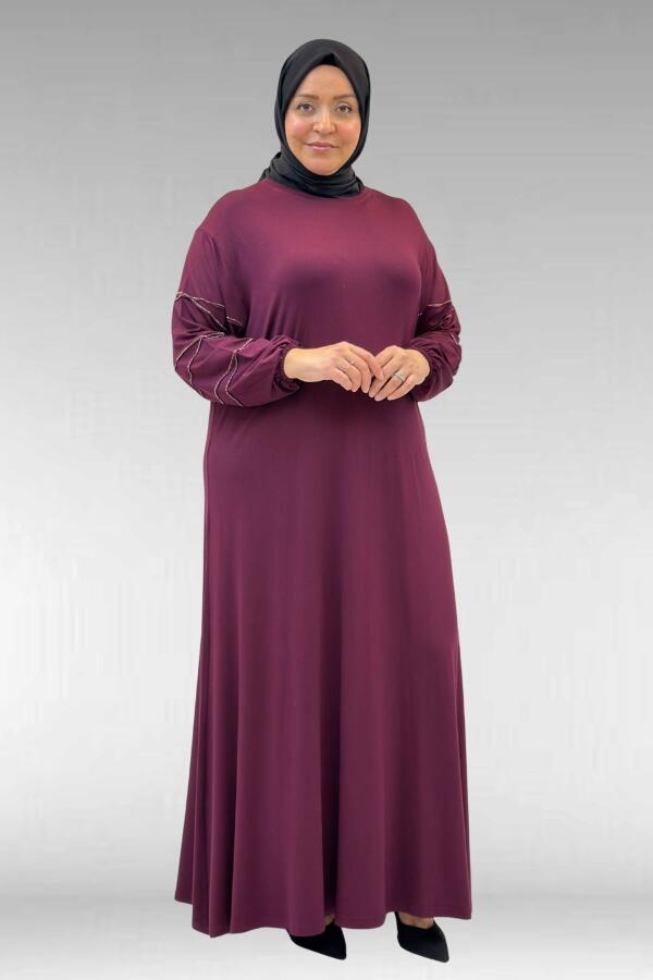 52021 Büyük Beden Çimalı Taş Detaylı Penye Elbise - Bordo - 1