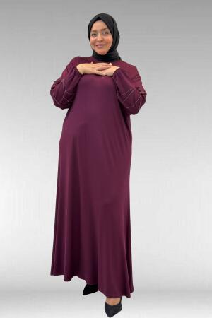 52021 Büyük Beden Çimalı Taş Detaylı Penye Elbise - Bordo - (1)