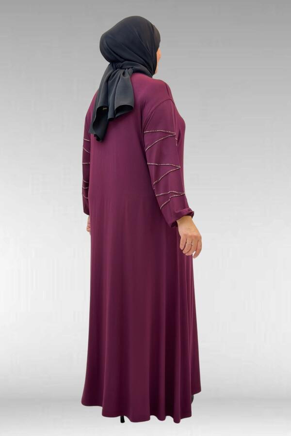 52021 Büyük Beden Çimalı Taş Detaylı Penye Elbise - Bordo - 3